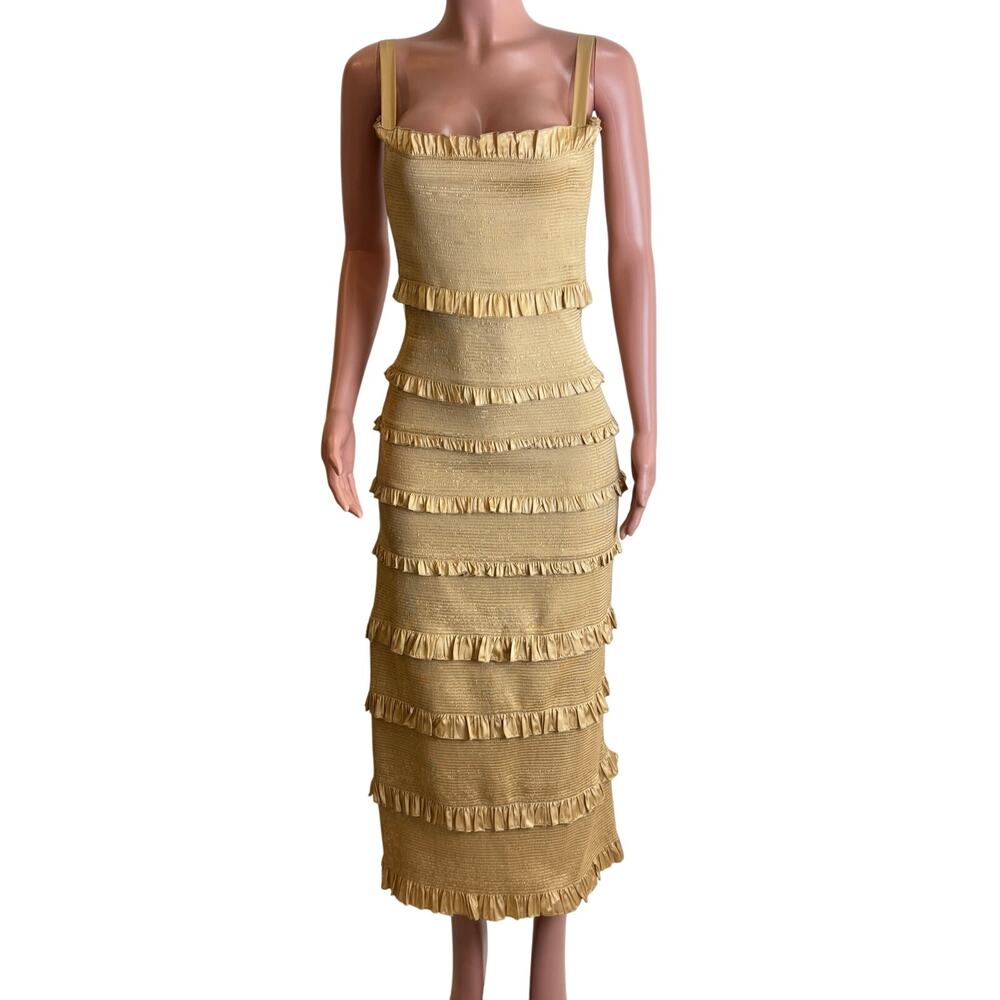 V. Chapman Lily Midi Dress Womens 8 Ruched & Ruffled Stretch Neutral Warm Sand